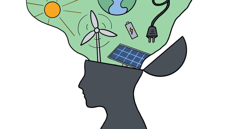 A silhouette of a person with the top of their head opened up like a can of beans: a cloud of clean energy resources are flowing into the open headspace.