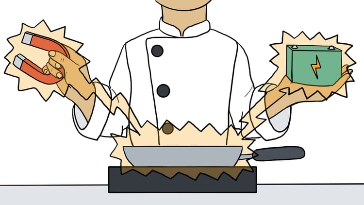 A chef holding a magnet in one hand and a battery in the other; their energies are combining in a frying pan on an induction cooktop.